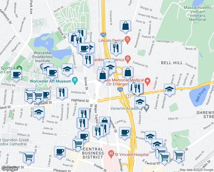 map of restaurants, bars, coffee shops, grocery stores, and more near 43 Lincoln Street in Worcester