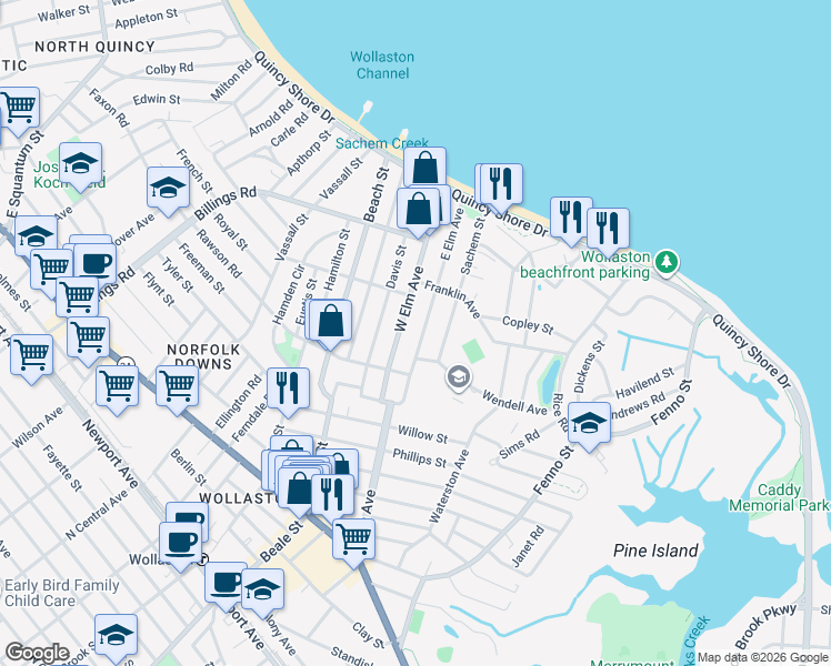map of restaurants, bars, coffee shops, grocery stores, and more near 63 East Elm Avenue in Quincy