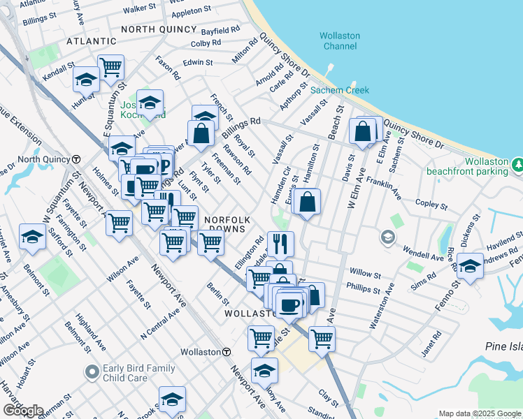 map of restaurants, bars, coffee shops, grocery stores, and more near 113 Rawson Road in Quincy
