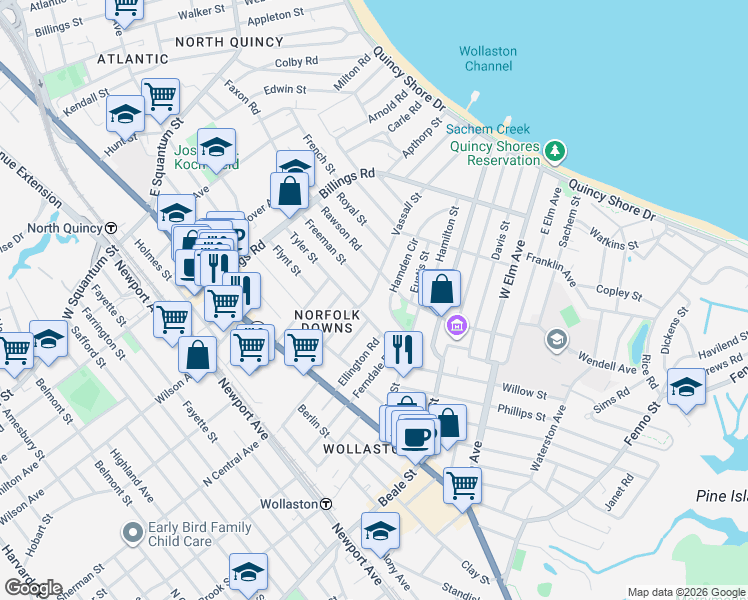 map of restaurants, bars, coffee shops, grocery stores, and more near 94 Tyler Street in Quincy