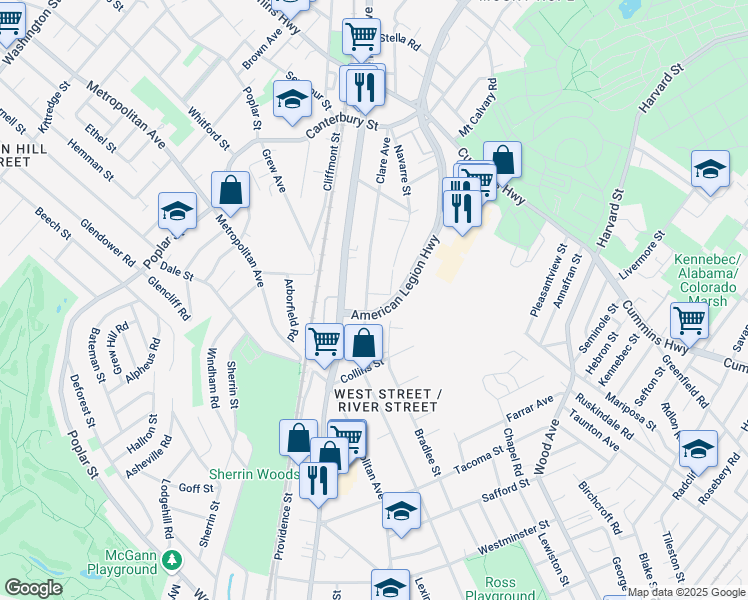 map of restaurants, bars, coffee shops, grocery stores, and more near D American Legion Highway in Boston