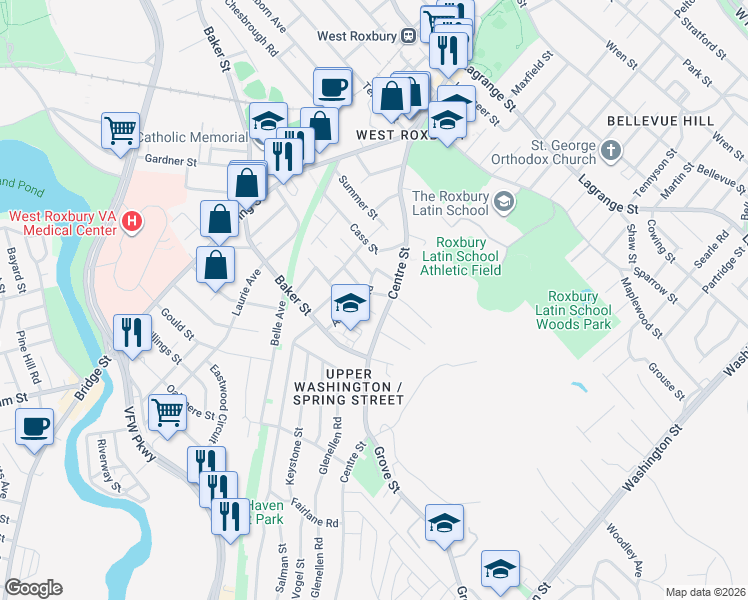map of restaurants, bars, coffee shops, grocery stores, and more near 10 Bronx Road in Boston
