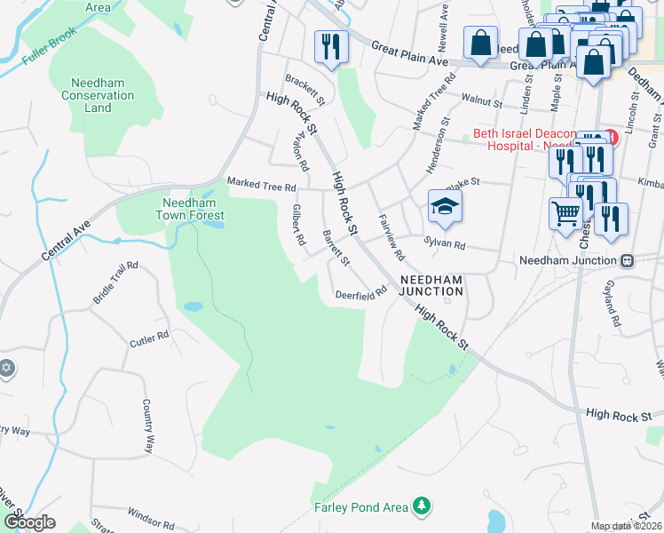 map of restaurants, bars, coffee shops, grocery stores, and more near 95 Deerfield Road in Needham