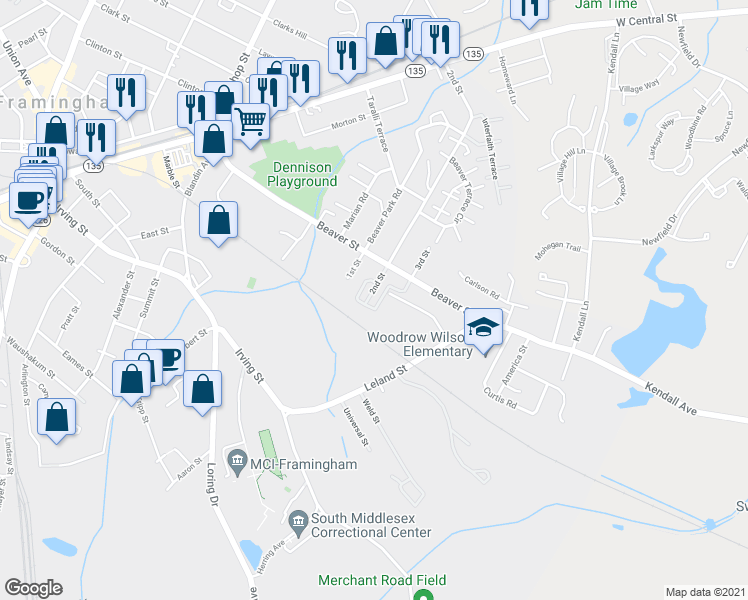 map of restaurants, bars, coffee shops, grocery stores, and more near in Framingham