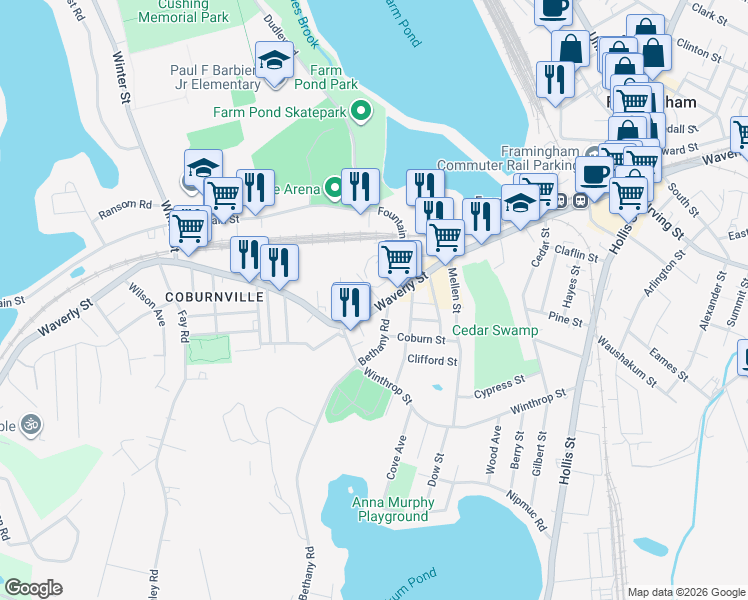 map of restaurants, bars, coffee shops, grocery stores, and more near 733 Waverley Street in Framingham