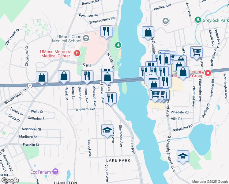 map of restaurants, bars, coffee shops, grocery stores, and more near in Worcester