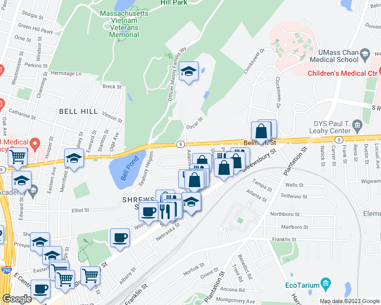 map of restaurants, bars, coffee shops, grocery stores, and more near 44 Adams Street in Worcester