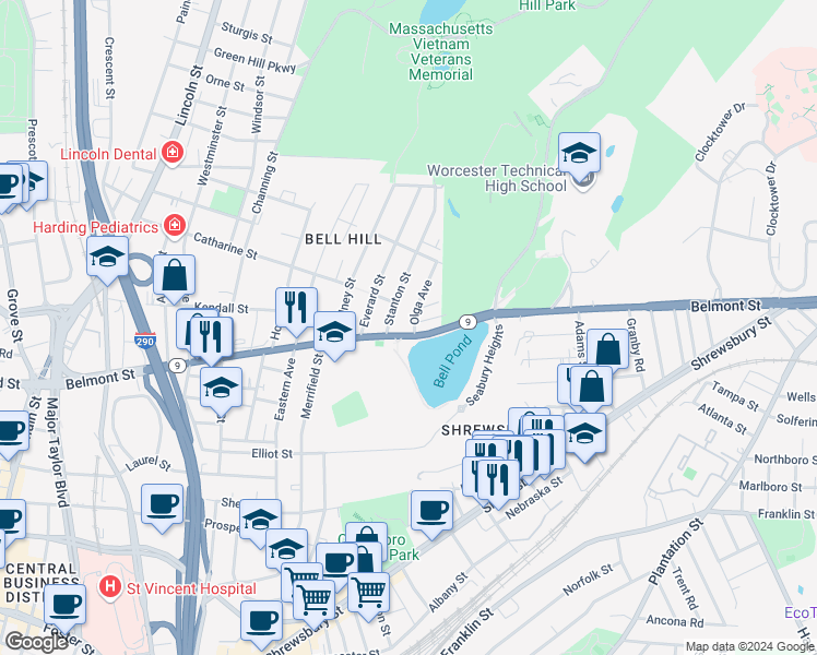map of restaurants, bars, coffee shops, grocery stores, and more near 199 Belmont Street in Worcester
