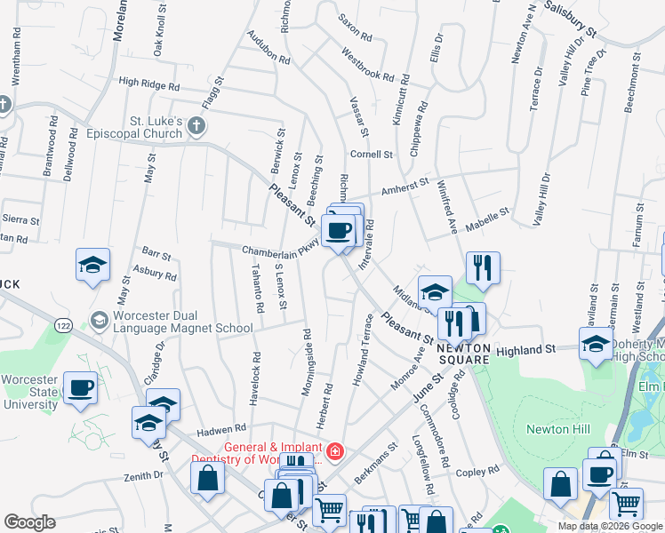 map of restaurants, bars, coffee shops, grocery stores, and more near 4A Saint Elmo Road in Worcester