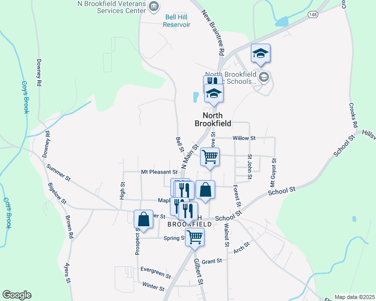 map of restaurants, bars, coffee shops, grocery stores, and more near 285 North Main Street in North Brookfield