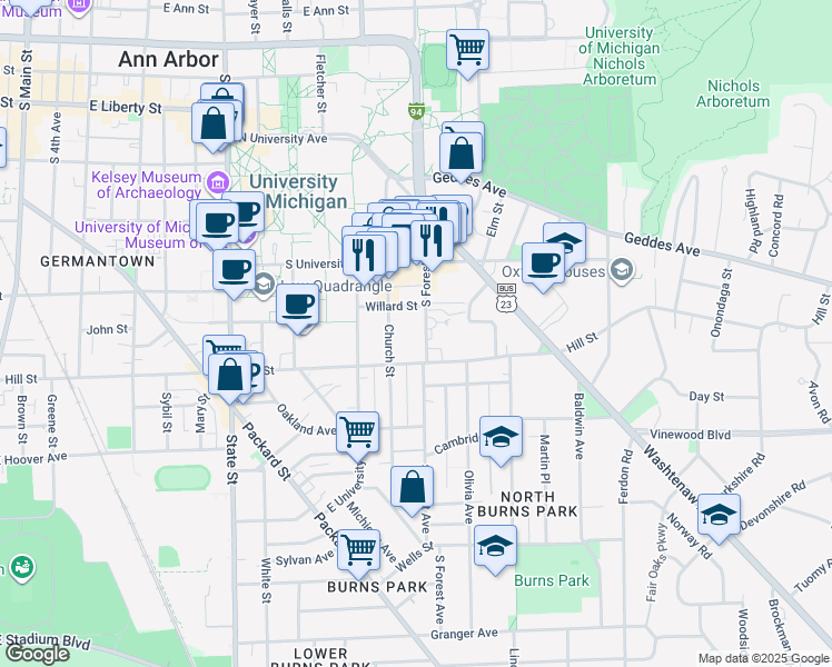 map of restaurants, bars, coffee shops, grocery stores, and more near 721 South Forest Avenue in Ann Arbor