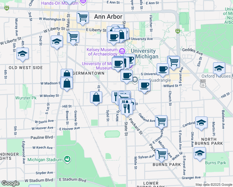 map of restaurants, bars, coffee shops, grocery stores, and more near 522 Monroe Street in Ann Arbor
