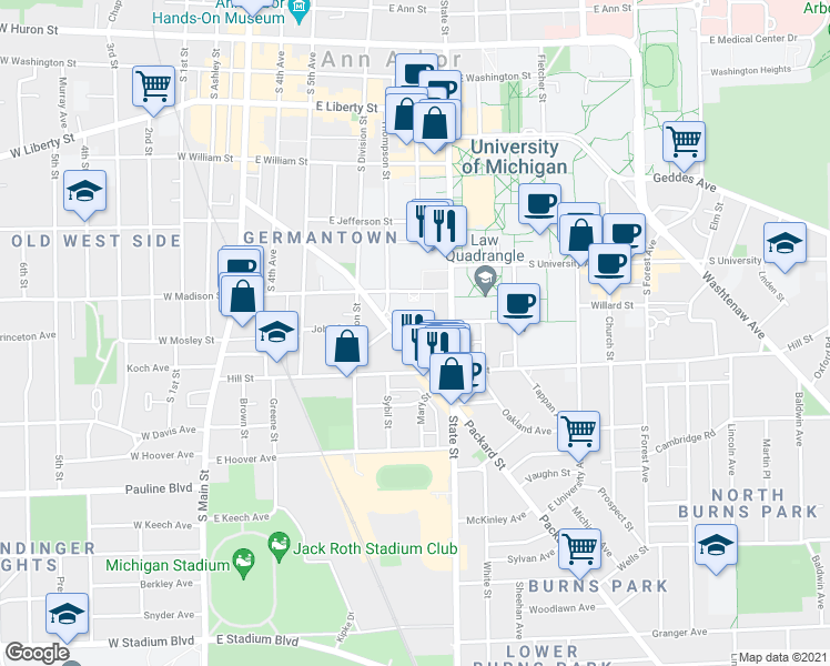 map of restaurants, bars, coffee shops, grocery stores, and more near 522 Monroe Street in Ann Arbor