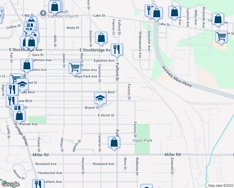 map of restaurants, bars, coffee shops, grocery stores, and more near 1714 Lay Boulevard in Kalamazoo