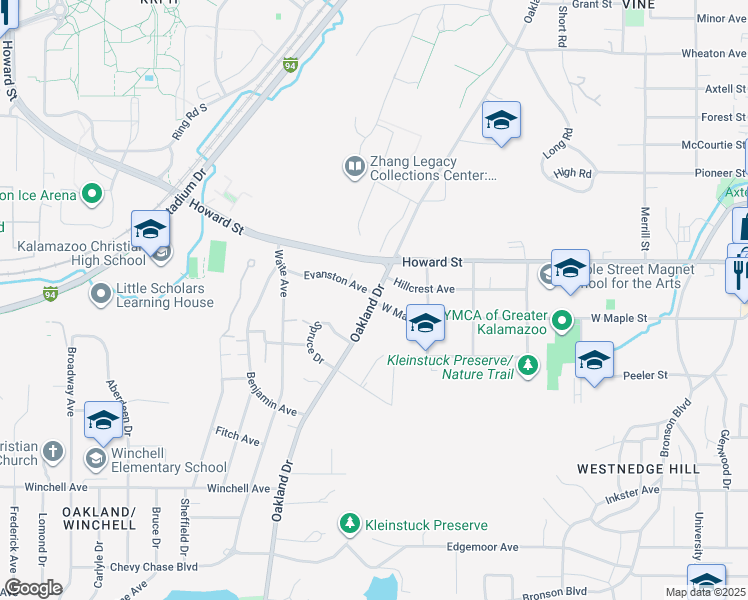 map of restaurants, bars, coffee shops, grocery stores, and more near 1846 Oakland Drive in Kalamazoo