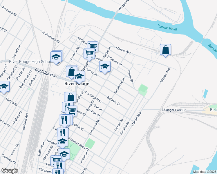 map of restaurants, bars, coffee shops, grocery stores, and more near 71 East Henry Street in River Rouge