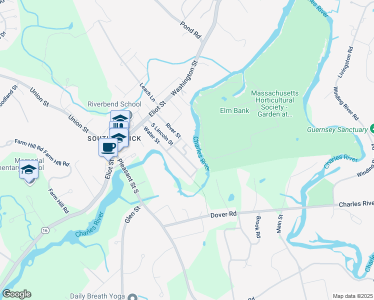 map of restaurants, bars, coffee shops, grocery stores, and more near 33 River Street in Natick
