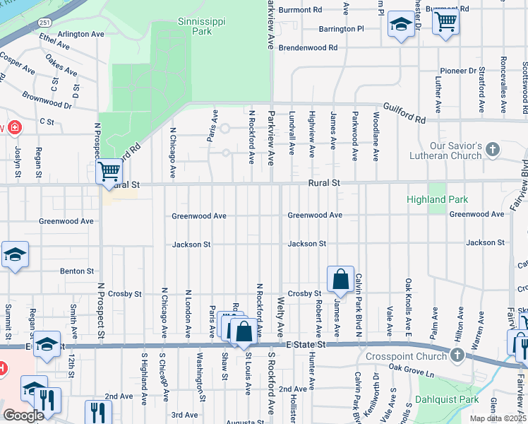 map of restaurants, bars, coffee shops, grocery stores, and more near 2304 Greenwood Avenue in Rockford