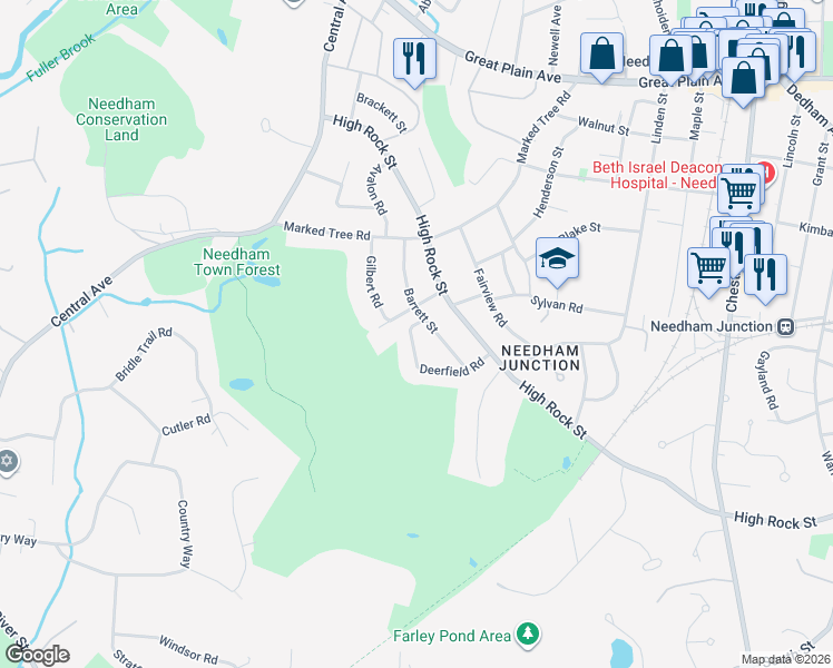 map of restaurants, bars, coffee shops, grocery stores, and more near 95 Deerfield Road in Needham
