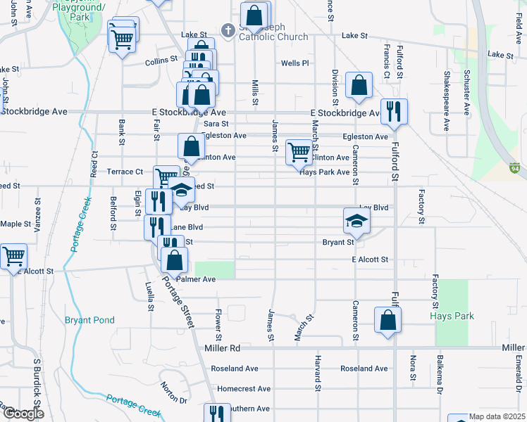 map of restaurants, bars, coffee shops, grocery stores, and more near 1110 Lay Boulevard in Kalamazoo