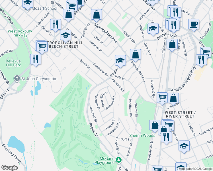 map of restaurants, bars, coffee shops, grocery stores, and more near 600 Beech Street in Boston