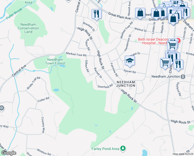 map of restaurants, bars, coffee shops, grocery stores, and more near 95 Deerfield Road in Needham