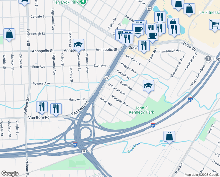map of restaurants, bars, coffee shops, grocery stores, and more near 17429 O Connor Avenue in Allen Park