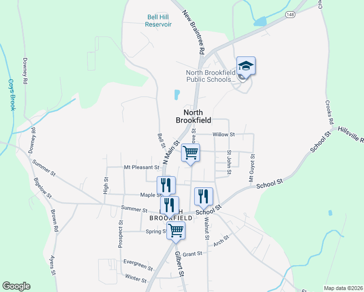 map of restaurants, bars, coffee shops, grocery stores, and more near 296 North Main Street in North Brookfield