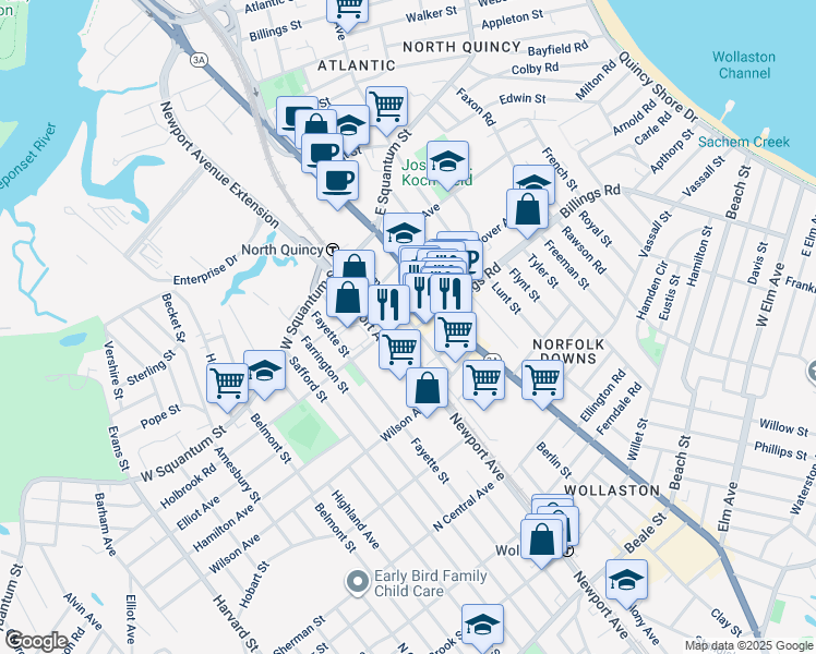 map of restaurants, bars, coffee shops, grocery stores, and more near 19 Billings Road in Quincy