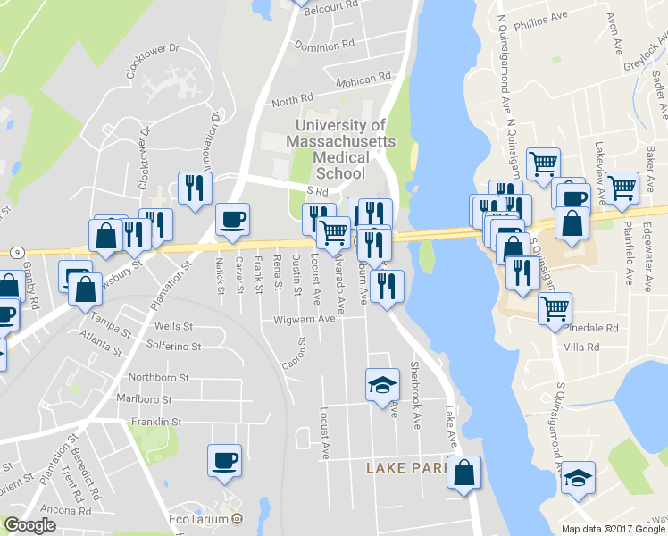 map of restaurants, bars, coffee shops, grocery stores, and more near 10 Alvarado Avenue in Worcester