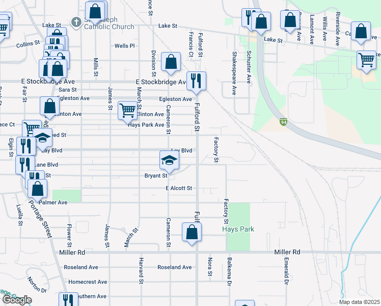 map of restaurants, bars, coffee shops, grocery stores, and more near 1714 Lay Boulevard in Kalamazoo