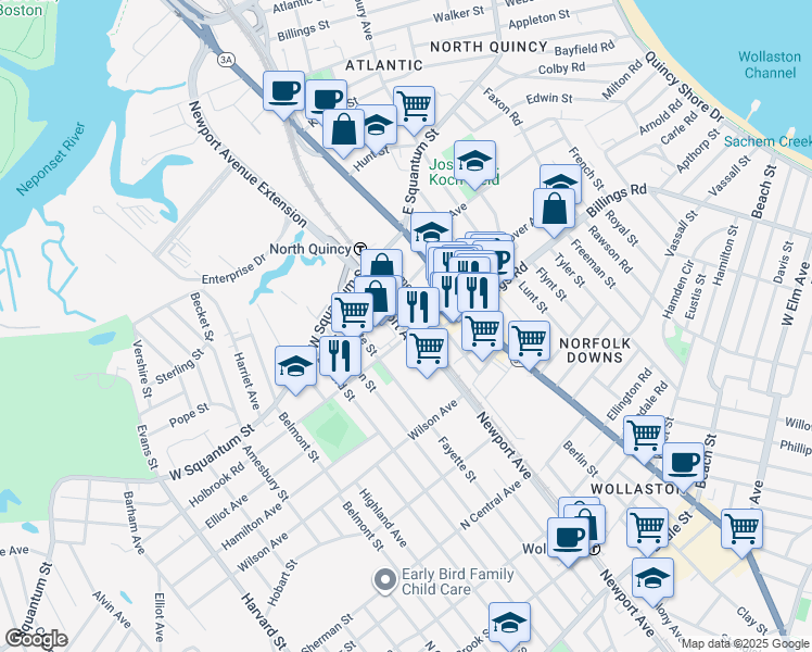 map of restaurants, bars, coffee shops, grocery stores, and more near 62 Newport Avenue in Quincy