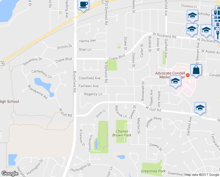 map of restaurants, bars, coffee shops, grocery stores, and more near 939 Fairlawn Avenue in Libertyville