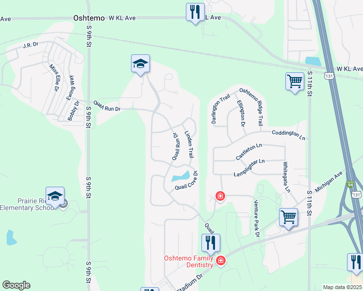 map of restaurants, bars, coffee shops, grocery stores, and more near 1685 Quail Run Drive in Kalamazoo