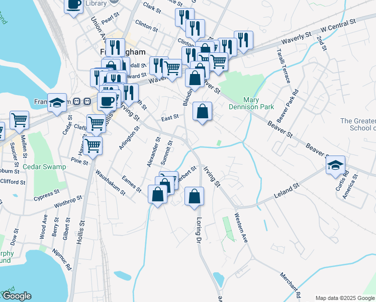 map of restaurants, bars, coffee shops, grocery stores, and more near 245 Irving Street in Framingham