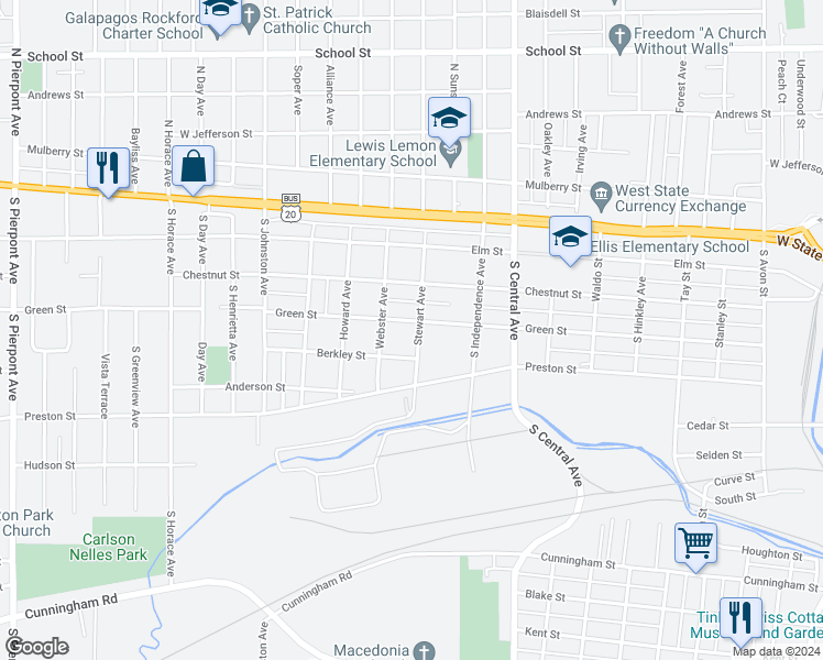 map of restaurants, bars, coffee shops, grocery stores, and more near 2004 Green Street in Rockford