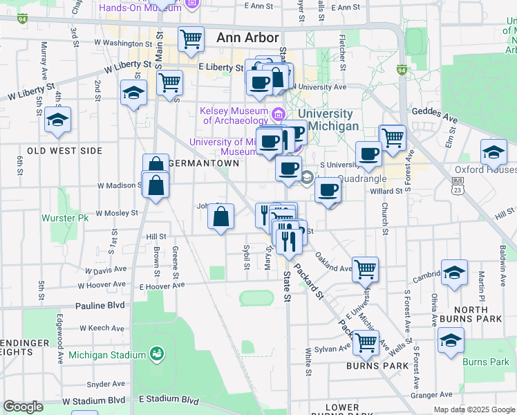 map of restaurants, bars, coffee shops, grocery stores, and more near 514 Monroe Street in Ann Arbor
