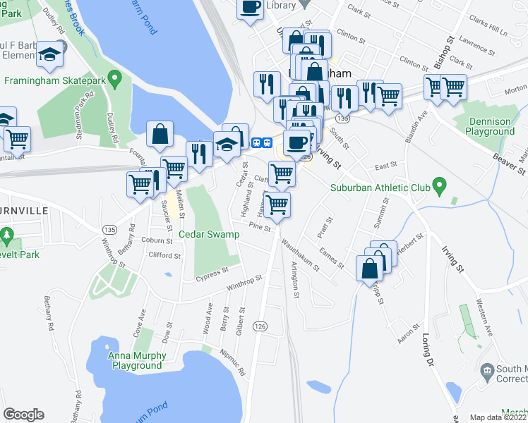 map of restaurants, bars, coffee shops, grocery stores, and more near 38 Hayes Street in Framingham