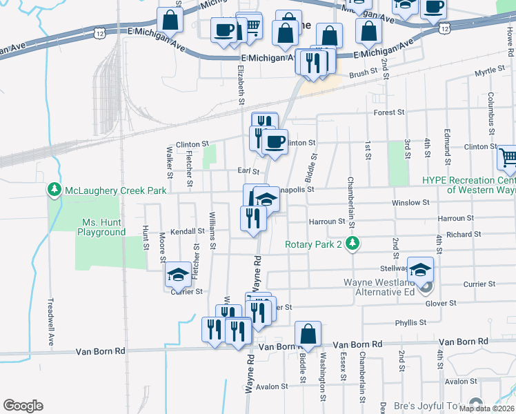 map of restaurants, bars, coffee shops, grocery stores, and more near 4804 South Wayne Road in Wayne