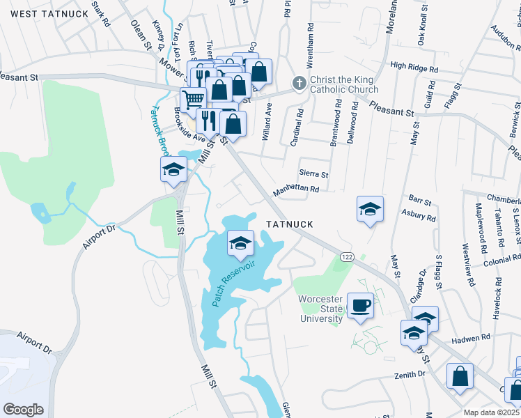 map of restaurants, bars, coffee shops, grocery stores, and more near 1 MacClarey Way in Worcester