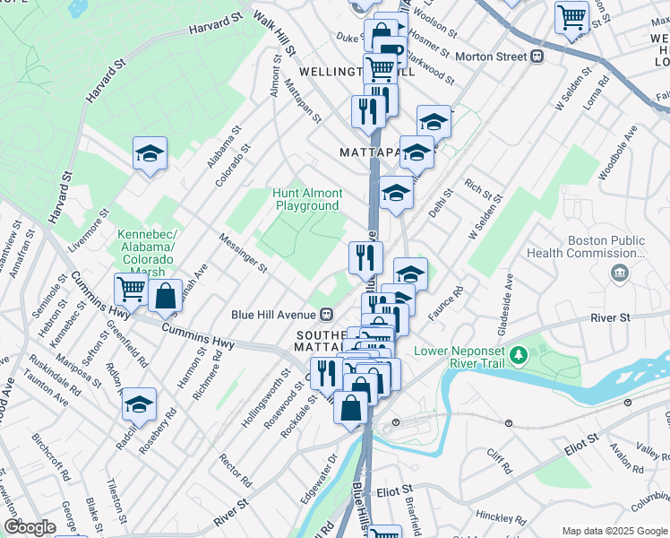 map of restaurants, bars, coffee shops, grocery stores, and more near 31 Woodhaven Street in Boston