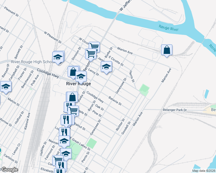 map of restaurants, bars, coffee shops, grocery stores, and more near 71 East Henry Street in River Rouge