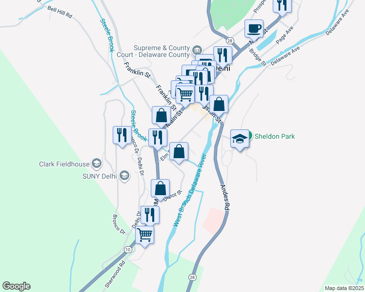 map of restaurants, bars, coffee shops, grocery stores, and more near 25 Elm Street in Delhi