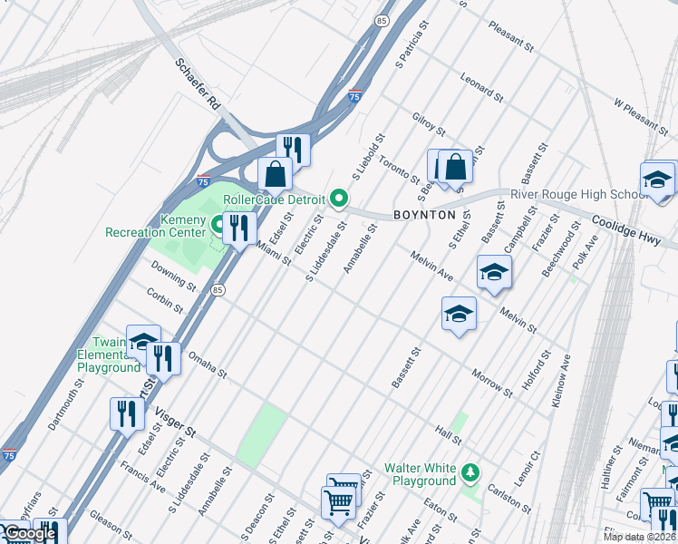 map of restaurants, bars, coffee shops, grocery stores, and more near 1950 Annabelle Street in Detroit