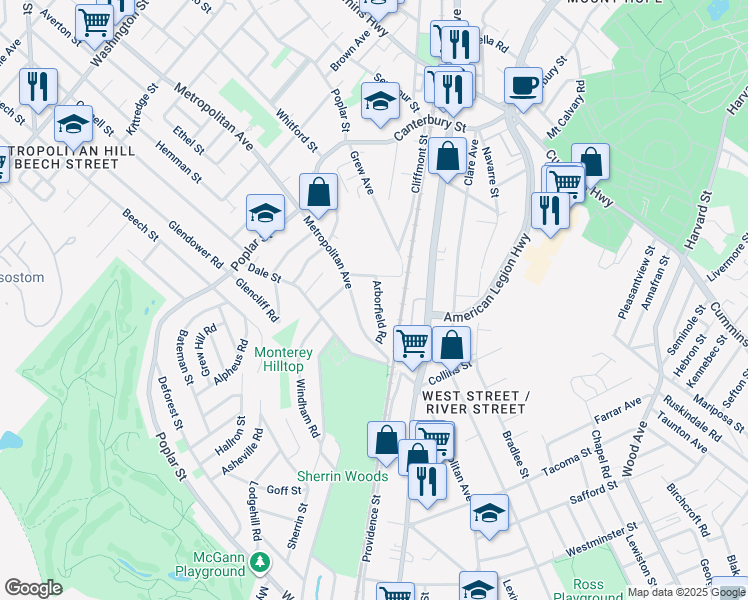 map of restaurants, bars, coffee shops, grocery stores, and more near 38 Arborfield Road in Boston