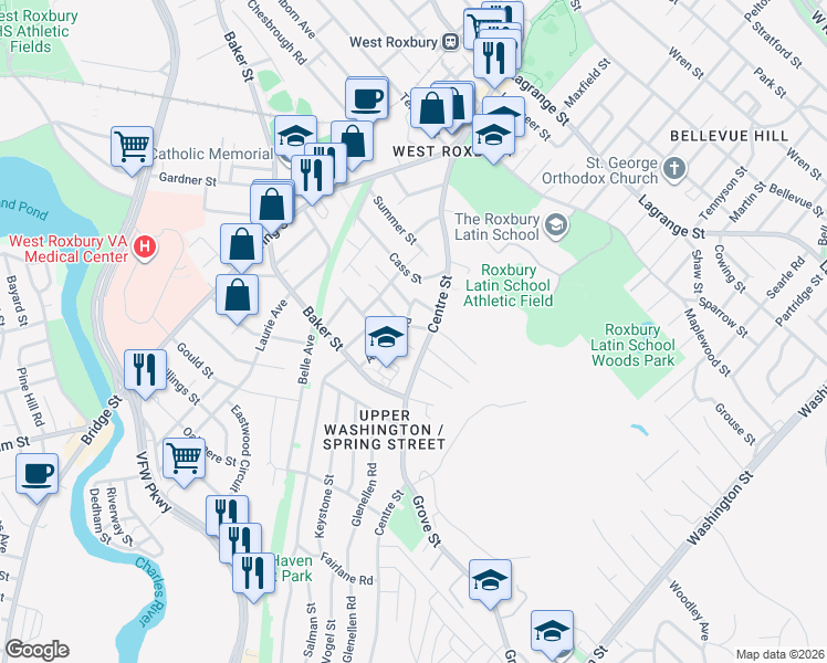 map of restaurants, bars, coffee shops, grocery stores, and more near 10 Bronx Road in Boston
