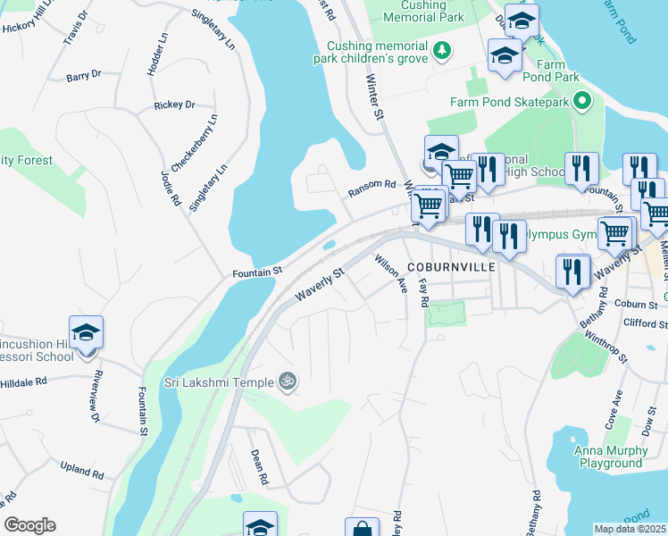 map of restaurants, bars, coffee shops, grocery stores, and more near 1007 Waverly Street in Framingham