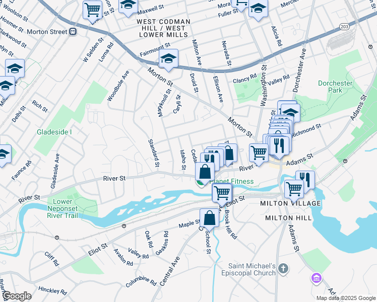 map of restaurants, bars, coffee shops, grocery stores, and more near 42-46R Cedar Street in Boston