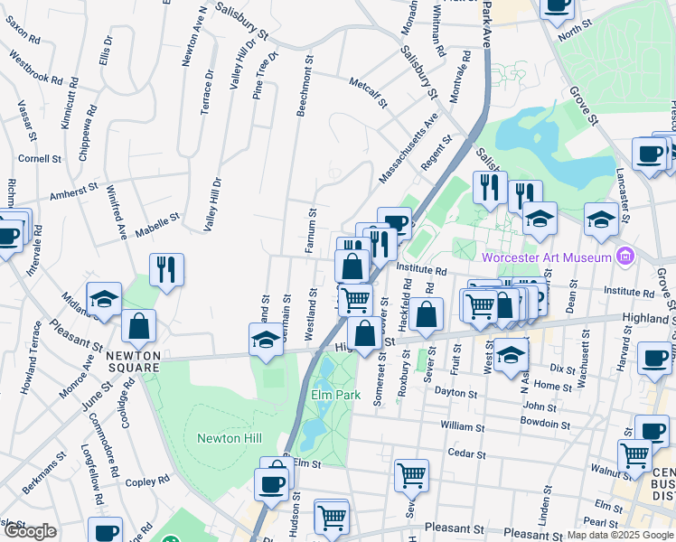 map of restaurants, bars, coffee shops, grocery stores, and more near 40 Lee Street in Worcester