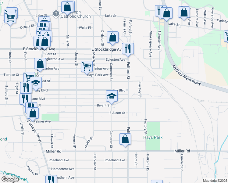 map of restaurants, bars, coffee shops, grocery stores, and more near 1608 Lay Boulevard in Kalamazoo